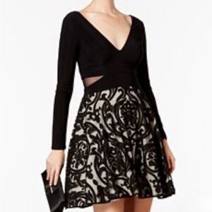 Xscape Long Sleeve Fit and Flare Brocade Cocktail Dress
